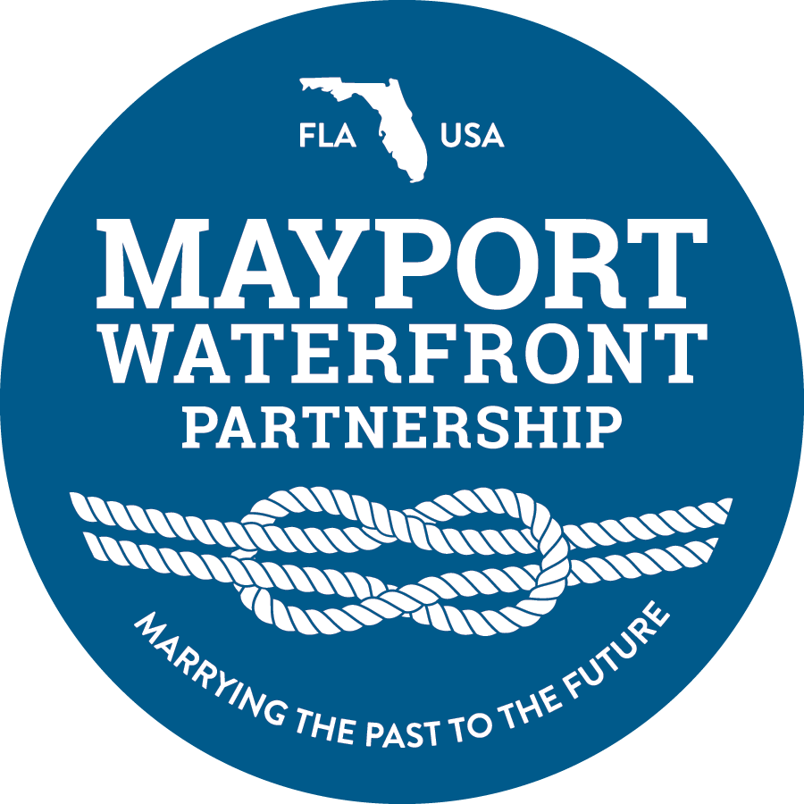 Blue Circle background with White bowman's knot underneath the words Mayport Waterfront Partnership. The tag line at teh bottom says "Marrying the Past to the Future"