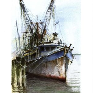 Blue-Banded Shrimp Boat, watercolor by Chris Flagg, 8.5 x 11” fine art digital print (unframed)