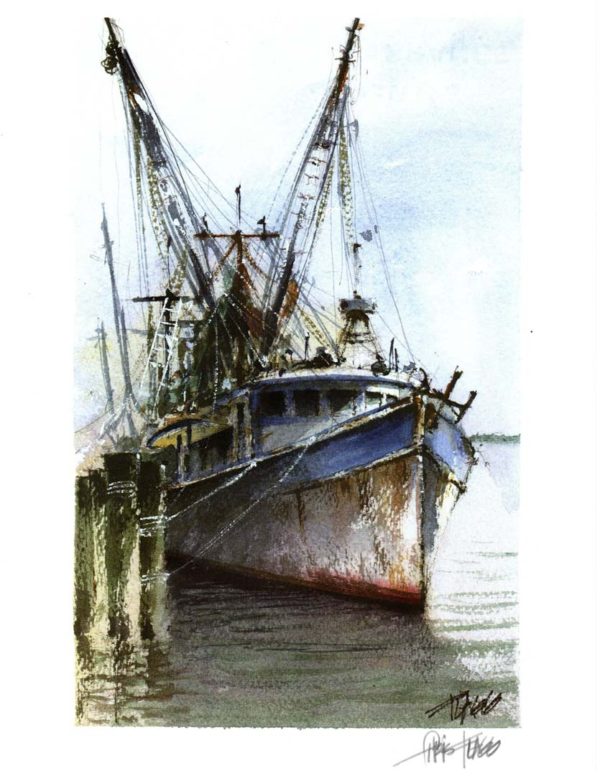 Blue-Banded Shrimp Boat, watercolor by Chris Flagg, 8.5 x 11” fine art digital print (unframed)