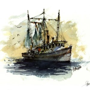 Shrimp Boat at Sea, watercolor by Chris Flagg, 11 x 8.5” fine art digital print (unframed)