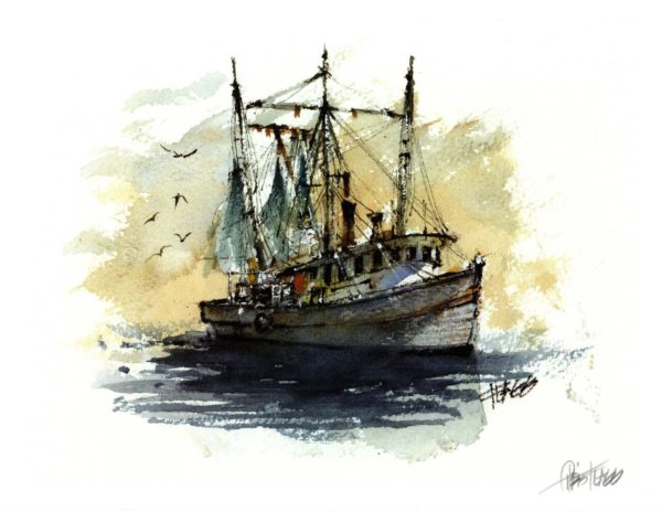 Shrimp Boat at Sea, watercolor by Chris Flagg, 11 x 8.5” fine art digital print (unframed)