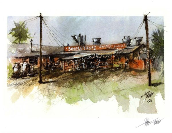 Singleton’s Seafood Shack, watercolor by Chris Flagg, 11 x 8.5” fine art digital print (unframed)