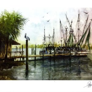Three Shrimp Boats Docked, watercolor by Chris Flagg, 11 x 8.5” fine art digital print (unframed)