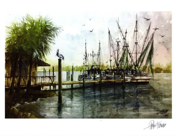 Three Shrimp Boats Docked, watercolor by Chris Flagg, 11 x 8.5” fine art digital print (unframed)