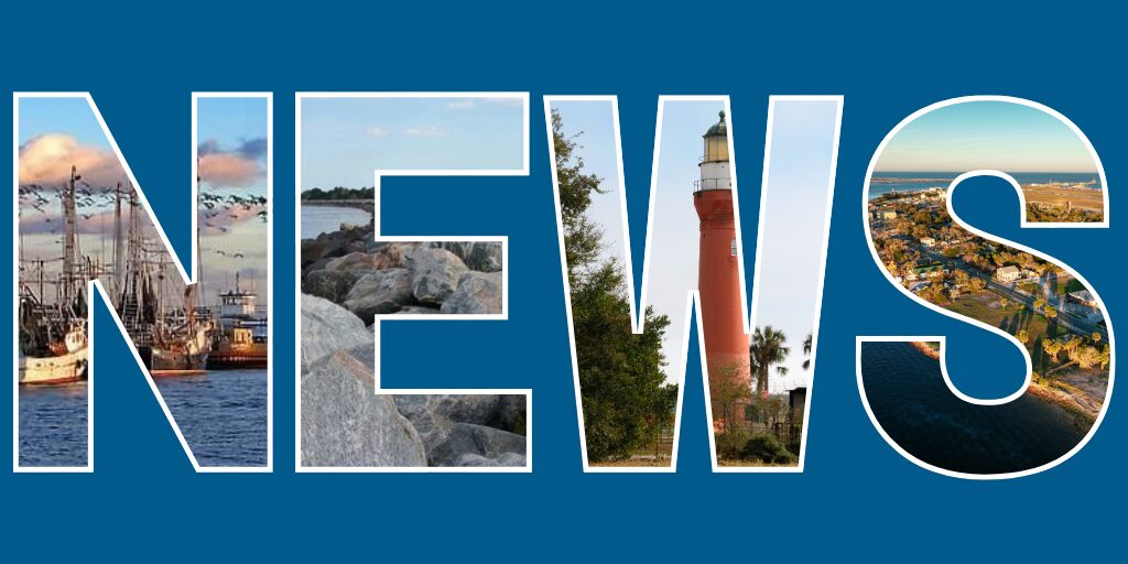 The letters N-E-W-S made as cutouts with each letter featuring a Mayport scene: the docks, Helen Cooper Floyd Park, the lighthouse, and an aerial view.